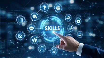 A hand in a business suit points to a glowing "SKILLS" icon, surrounded by numerous professional development and ability icons on a dark digital background.