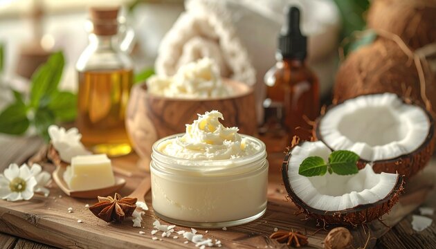 Natural skincare products with coconut oil and shea butter.