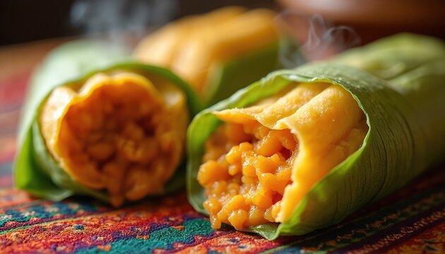 Bolivian humintas de zapallo. Sweet pumpkin corn cakes steam in green husks. Savory filling inside soft dough. Served hot on colorful textile.