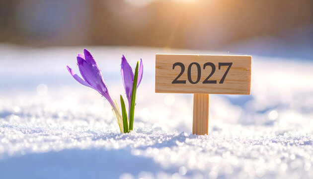 Delicate purple crocus flower poking through melting snow with small wooden sign saying hello twenty twenty seven symbols of resilience generative AI