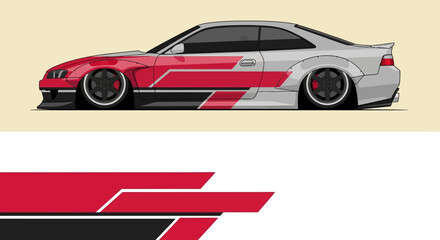 Obraz premium Illustrated white and red race car with bold graphics and stripes.