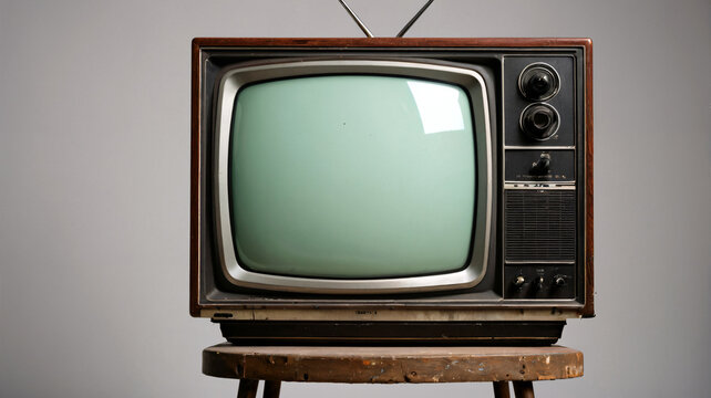 Klassischer Vintage Fernseher aus Holz auf einem runden Holzhocker