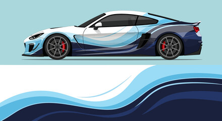 Obraz premium Sleek blue sports car with dynamic white and blue wave motif against a teal background.