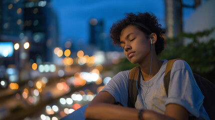 Fototapeta premium Noise pollution awareness concept with city resident wearing earplugs while trying to sleep near a busy highway, perfect for urban health issue, sound pollution, modern city challenge, sleep