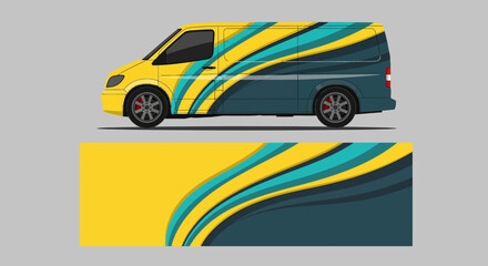 Colorful striped van graphic with bold curved lines and modern design. © AhzaArdiansyah