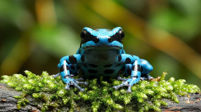 Close-up of a vibrant blue frog with black spots, perched on a bed of green moss