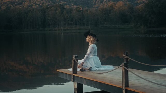 Woman In Dress Near Tranquil Water. Gentle Dusk Glow Illuminates Tranquil Lakeside With Peaceful Lady