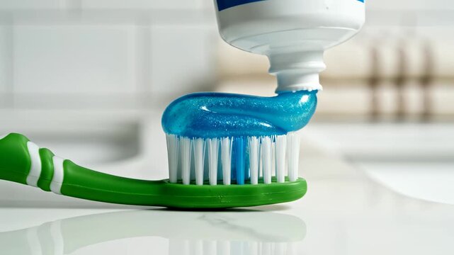 Toothpaste being squeezed onto toothbrush