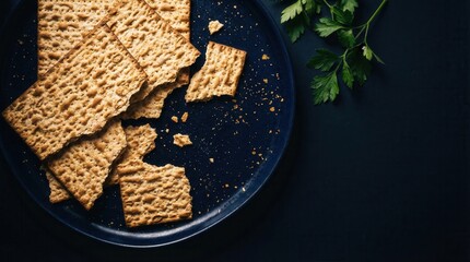 Fototapeta premium Overhead view of matzah crackers on a dark plate with parsley, symbolizing Passover.