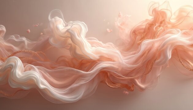 Soft rose gold, ivory abstract smoke trails swirl gently. Delicate shimmering vapor flows with fluid grace. Ethereal blend creates luxurious, dreamy, elegant backdrop perfect for sophisticated design