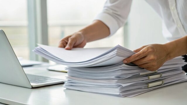 Person organizing a large stack of documents on a desk beside a laptop in a bright office setting.