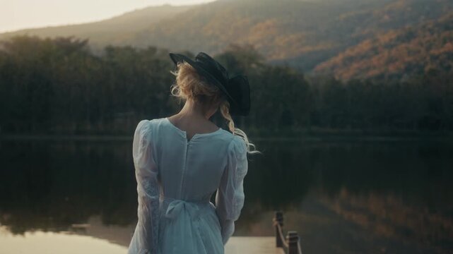 Woman In Dress Near Tranquil Water. Gentle Dusk Glow Illuminates Tranquil Lakeside With Peaceful Lady