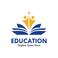 Abstract education logo with two human figures reaching for a star above an open book. Represents student achievement, academic success, and personal growth