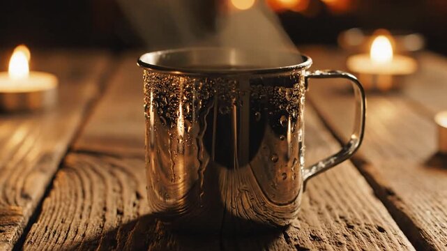 Rustic metal mug on warm wooden table with glowing candles