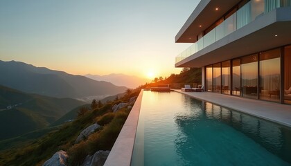 Fototapeta premium Modern villa with infinity pool overlooks mountain valley at sunset. Glass floor terrace offers panoramic mountain views. Luxury residence in serene natural landscape. Peaceful vacation retreat.