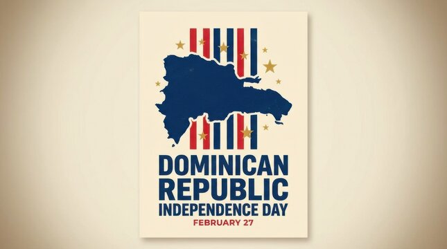 bold vertical poster template for dominican republic independence day illustration template featuring map silhouette with star accents and stripes on light neutral background with soft vignette