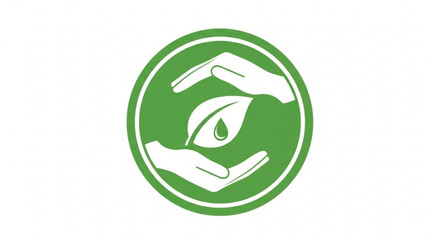 Green eco friendly symbol with hands holding leaf and water drop in circle