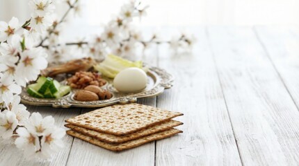 Fototapeta premium Tu Bishvat Seder plate with various nuts, fruits, and crackers, surrounded by blooming almond branches on a white wooden table.