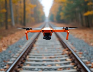 Fototapeta premium Orange drone flies low over train tracks in an autumn forest. Flying camera monitors railway line. Unmanned aerial vehicle inspects transport infrastructure.