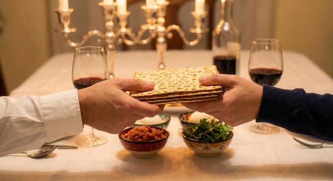 Two people sharing matzah bread during a traditional Passover Seder meal with wine and candles.