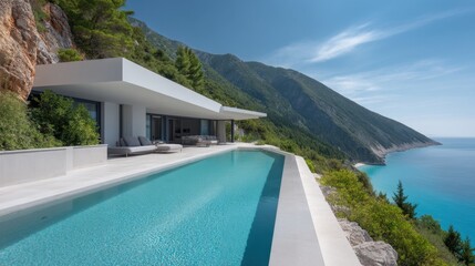 Fototapeta premium Modern Coastal Villa with Infinity Pool Overlooking Mountain Landscape and Ocean Blue Waters on a Sunny Day in a Picturesque Setting