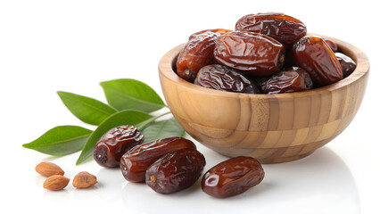 Delicious dates in a wooden bowl with fresh green leaves and almonds