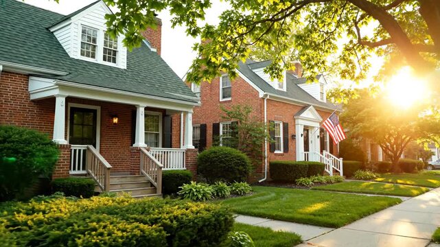 Residential houses with front yard and flag