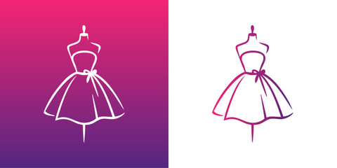 Logotipo de boutique de moda femenina. Dibujo sencillo con líneas de un vestido femenino en un maniquí de costura  © teracreonte