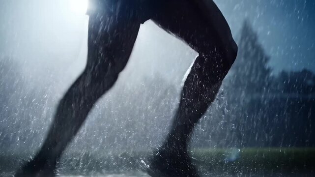 Athlete running in heavy rain with determined stride