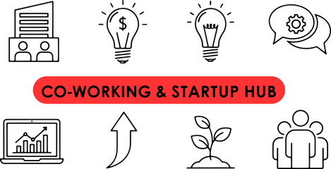Coworking Startup Hub Icons Set Illustration.