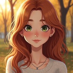 Obraz premium Young girl with long wavy auburn hair and green eyes smiles gently. She wears a grey sweater and silver necklace. Autumn park background with soft golden sunlight.
