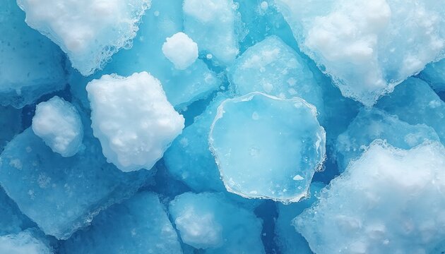 Close up of broken ice chunks floating in deep blue water. Textured frozen elements create cool abstract patterns. Refreezing sea surface detail.
