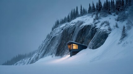 Modern cabin on rocky cliff surrounded by snow and pine trees in serene winter landscape, soft glow from windows at dusk, tranquil remote getaway