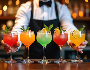 Bartender offers array of colorful cocktails on bar counter. Drinks with ice, fruit garnish, mint, rosemary. Festive bar service at night. Refreshing drinks for party celebration.