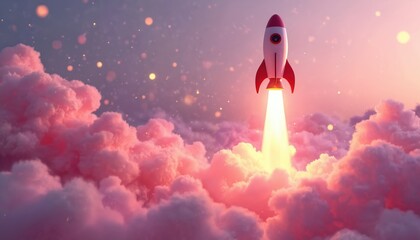 Fototapeta premium Toy rocket launches through pastel pink clouds toward glowing sky. Bright exhaust trail lights up dreamlike atmosphere with floating sparkles. Childhood adventure and imagination theme.