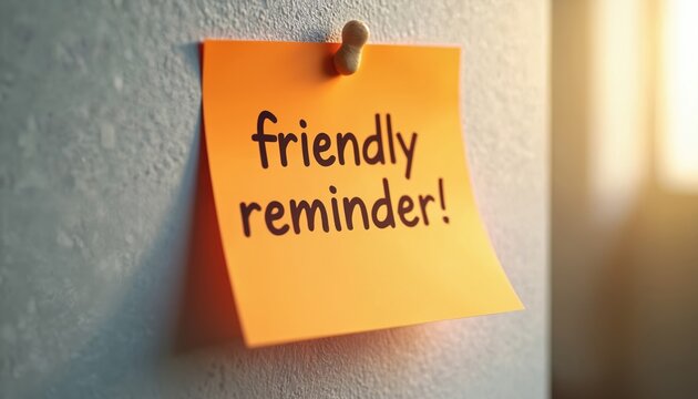 Orange sticky note with friendly reminder text pinned to textured wall. Paper memo conveys gentle prompt for attention or task. Close up focus on message.