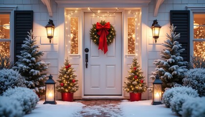 Fototapeta premium Festive white front door greets guests with holiday cheer. Snow-covered evergreens and illuminated lanterns flank a decorated doorway. Christmas wreath and lights create warm, inviting atmosphere.