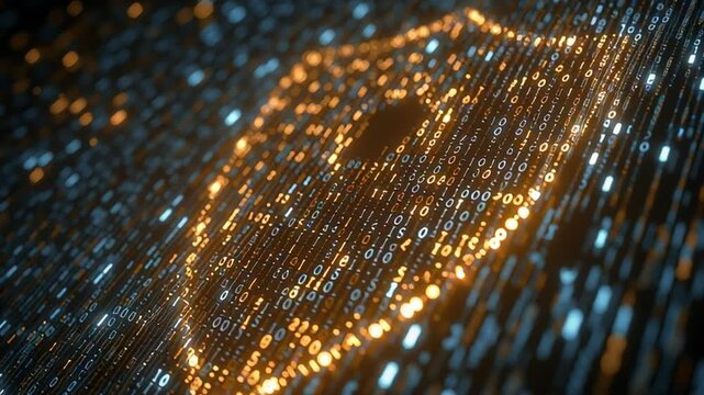Abstract glowing cyber security shield formed by binary code streams in blue and gold futuristic digital background