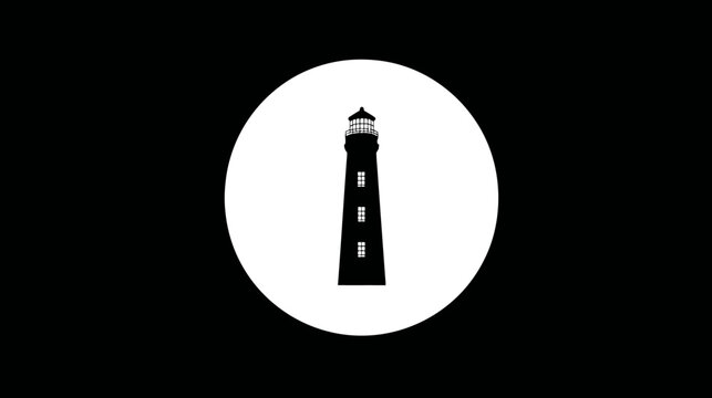 A silhouette of a lighthouse centered within a white circle, set against a solid black background