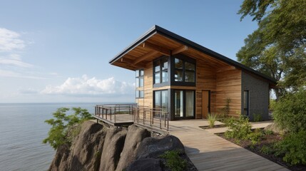 Fototapeta premium Stunning Modern House Overlooking Calm Water with Stunning Sky and Lush Greenery for Serene Retreat, Contemporary Design, Eco-Friendly Architecture