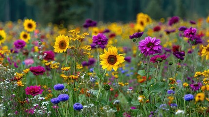 Obraz premium Vibrant Wildflower Field with Colorful Sunflowers, Zinnias, and Other Blossoms in a Scenic Nature Setting