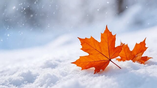 Orange leaf in snow