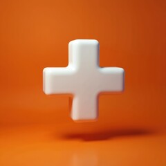 Fototapeta premium Glossy white plus symbol floats over bright orange background with soft shadow. Modern 3D render offers clean design for adding elements or indicating positivity and growth.