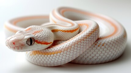 Fototapeta premium Coiled white snake with orange stripes on a plain white background.