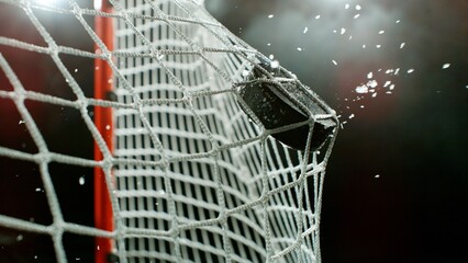 An ice hockey puck hitting the back of the net as it scores a goal