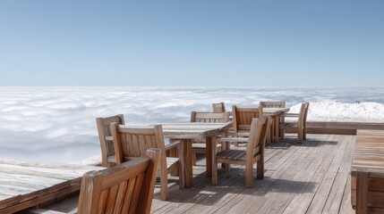 Serene Wooden Deck Overlooking a Sea of Clouds with Clear Blue Sky in the Background, Perfect for Tranquil Outdoor Escape or Relaxation Imagery