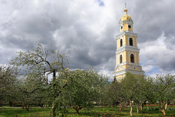 Bell tower of Diveyevsky Monastery rising above blooming apple orchard