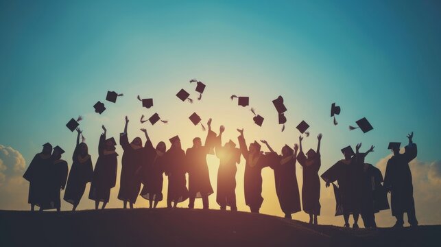 Group of graduates celebrating their achievement together at sunset.