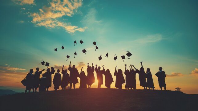 Group of graduates celebrating outdoors at sunset with caps in air.
