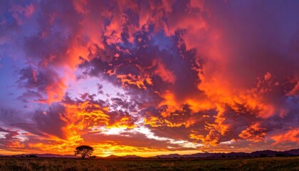 Fototapeta premium Vivid panoramic sunset over a grassy plain with dramatic, fiery clouds.